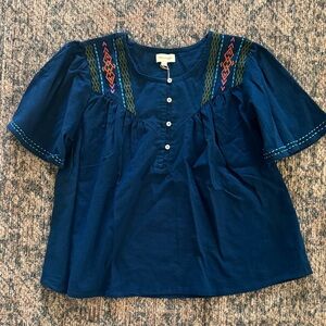 New World Market Linen Cotton Blue Embroidered Top size S/M